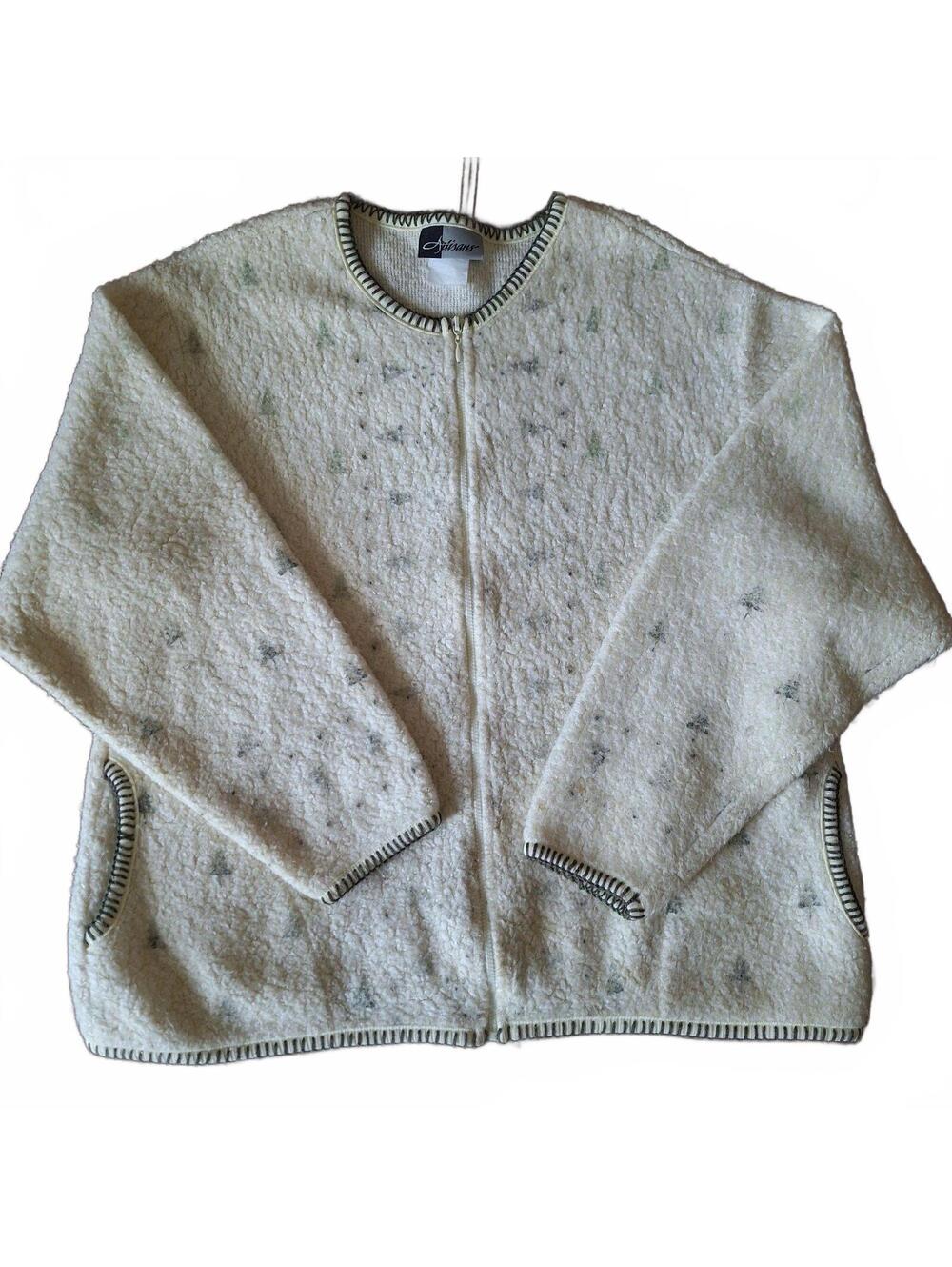 Artisans Vintage Cream Wool Zip-Up Cardigan Sweater Medium